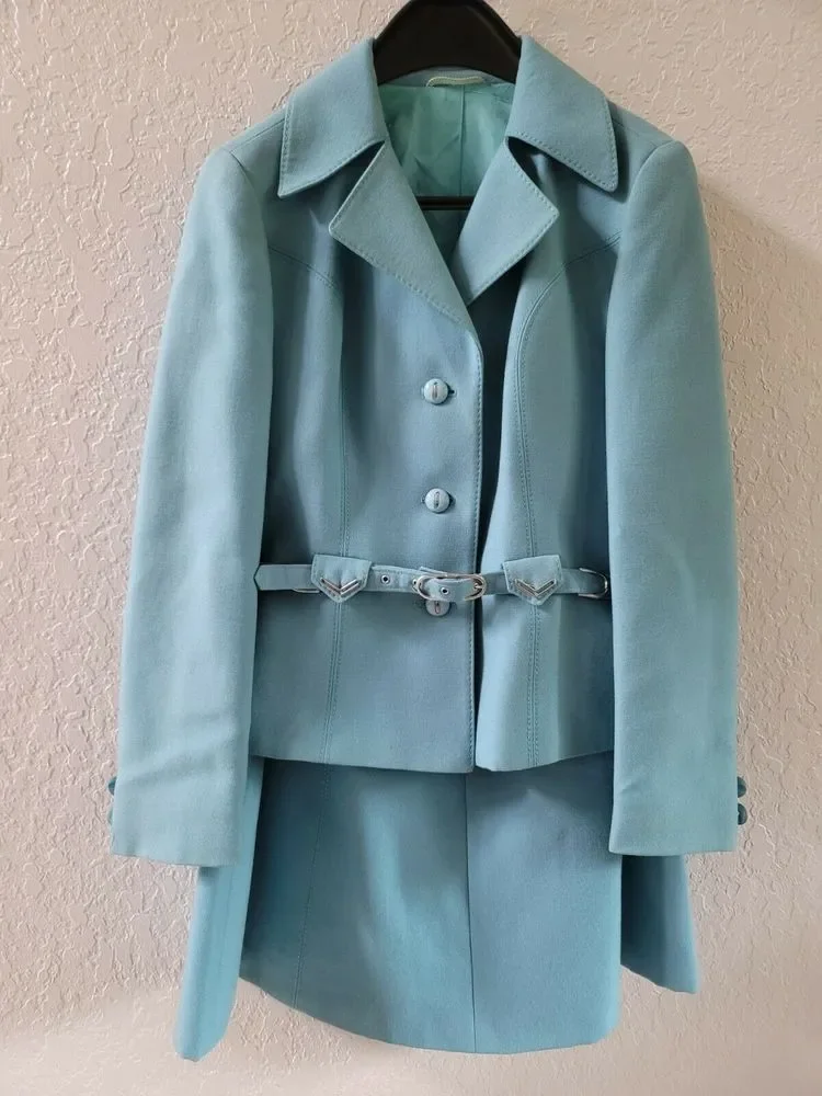 Vintage Modell International Reine Schurwolle Women's Blue Skirt Suit, size 40 - Picture 1 of 11